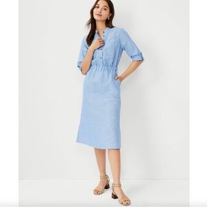 Ann Taylor Linen Cotton Pocket Shirtdress Chambray Blue Size 2